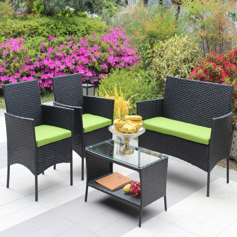 4-Piece Outdoor Wicker Sofa - Green Cushions