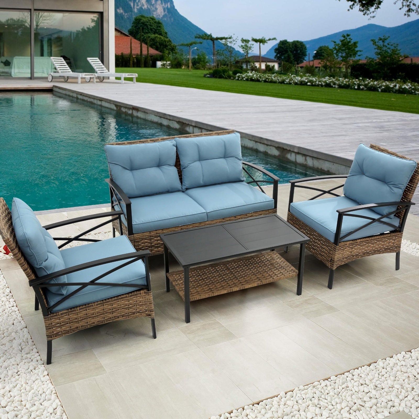 4-Piece Low Dining Sectional - Rattan Patio Set