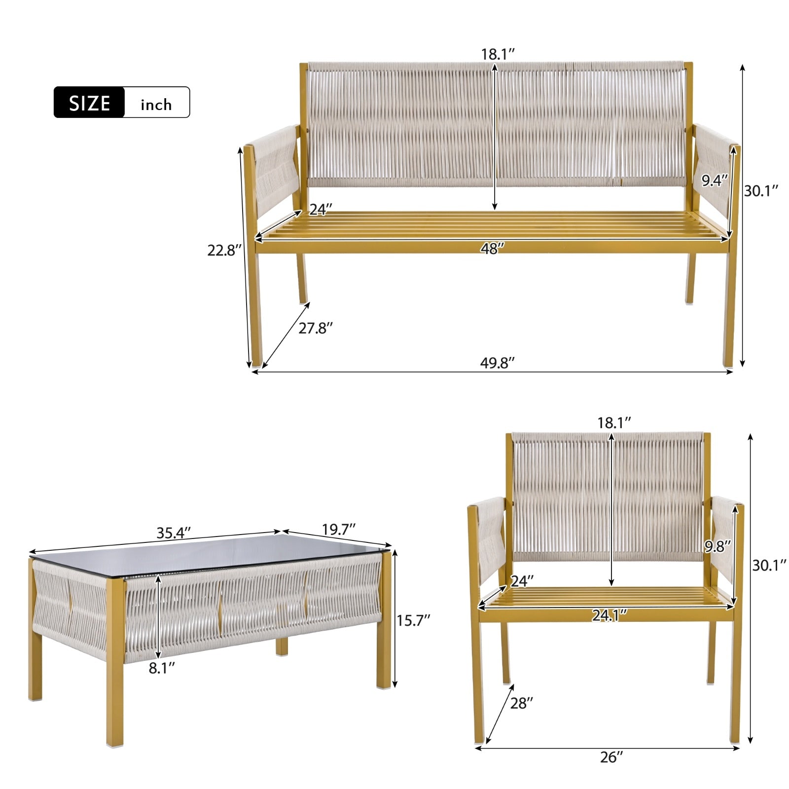 K&K 4-Piece Rope Patio Set - Glass Table & Sofa