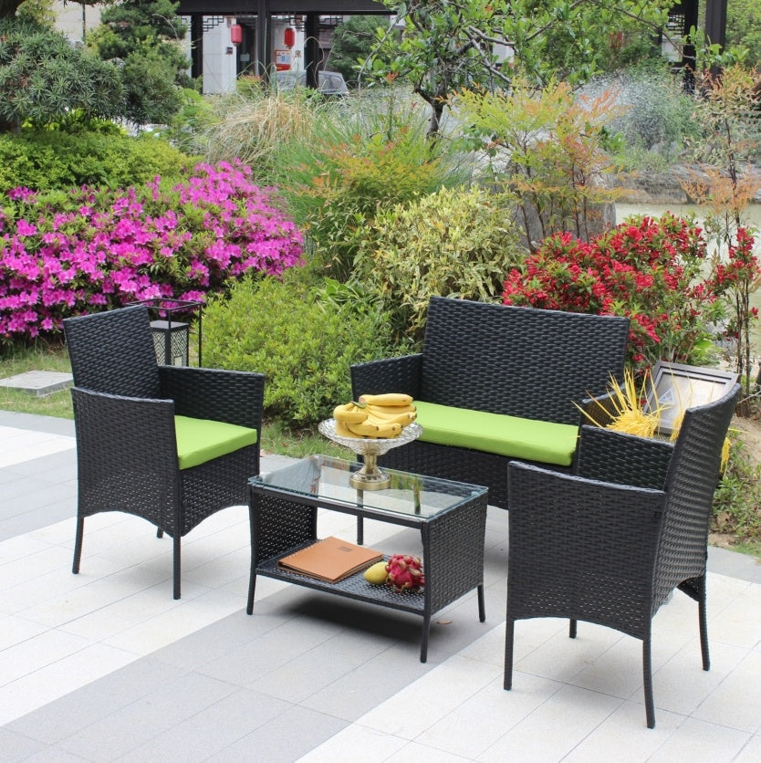 4-Piece Outdoor Wicker Sofa - Green Cushions