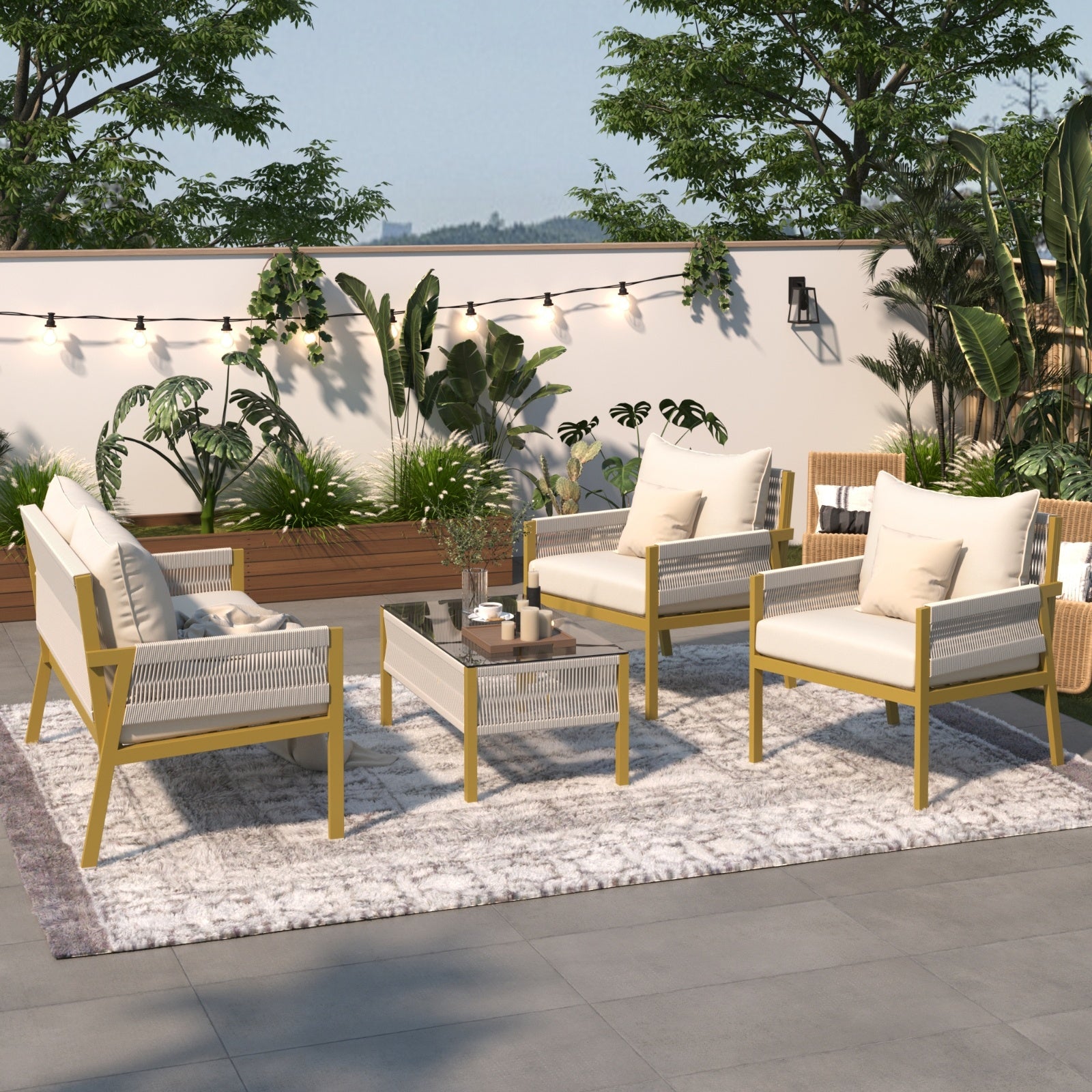 K&K 4-Piece Rope Patio Set - Glass Table & Sofa