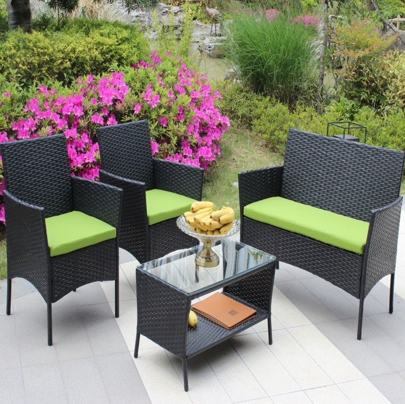 4-Piece Outdoor Wicker Sofa - Green Cushions