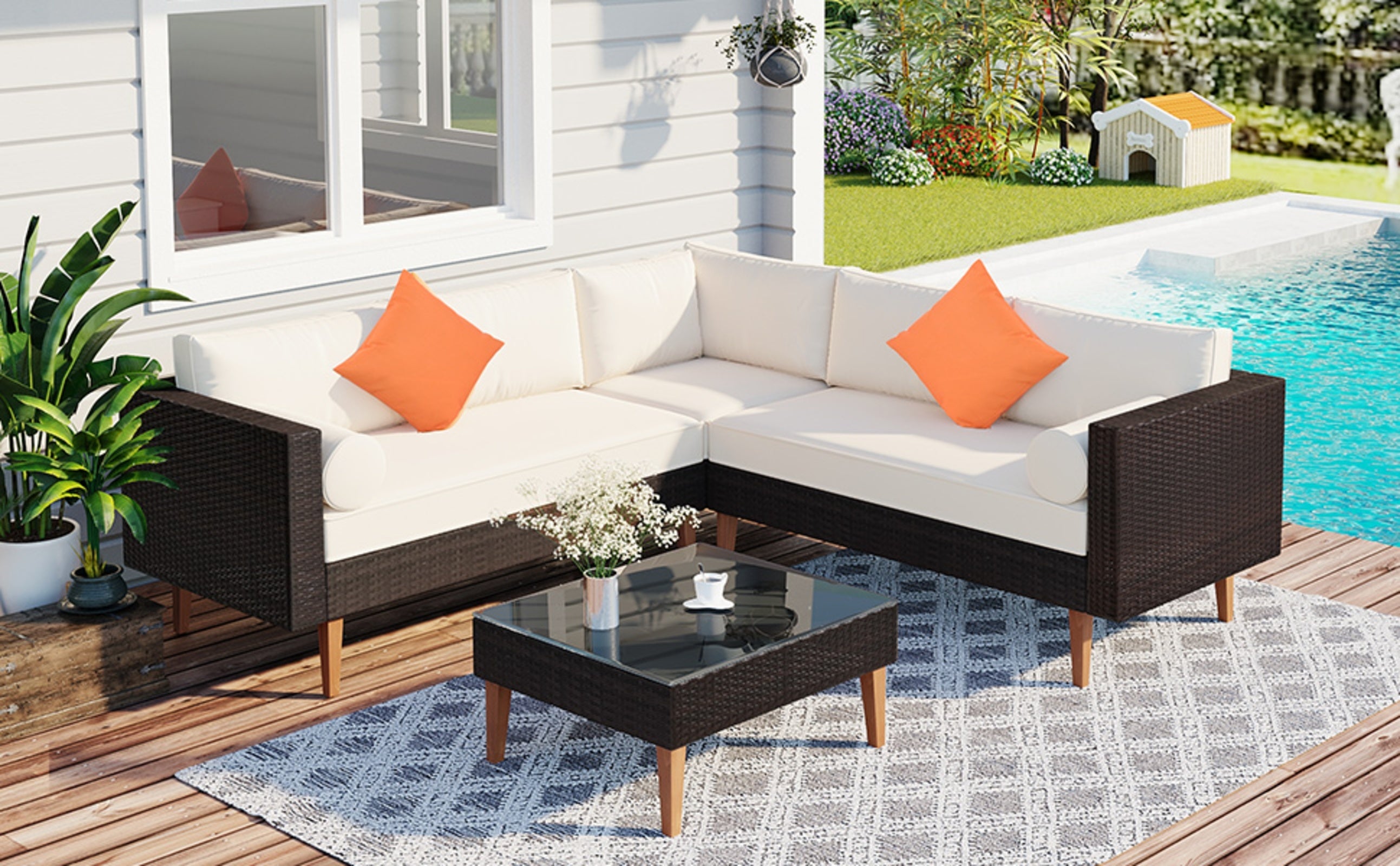 L-Shape Wicker Patio Sofa Set - 4-Piece Outdoor