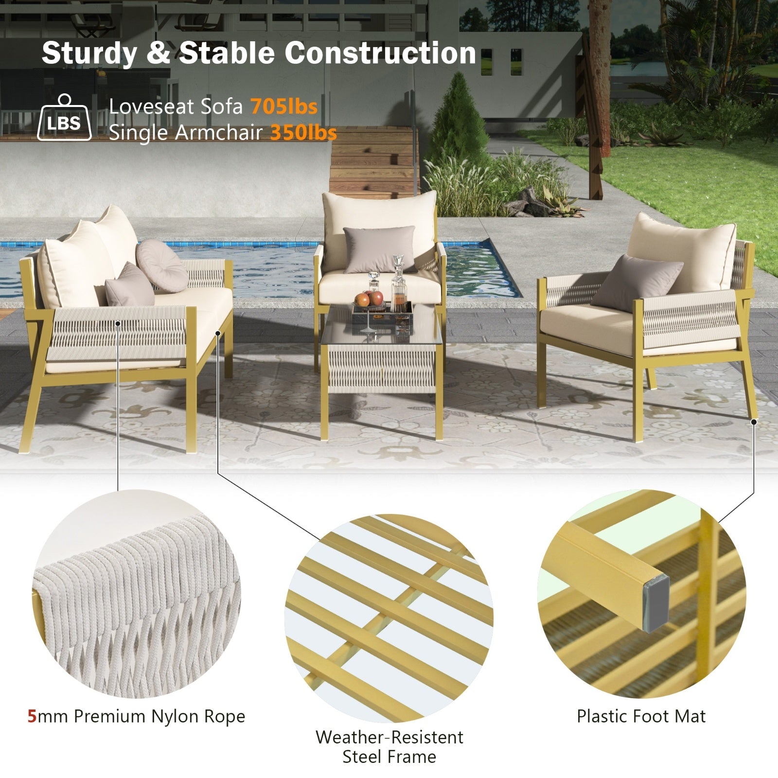 K&K 4-Piece Rope Patio Set - Glass Table & Sofa