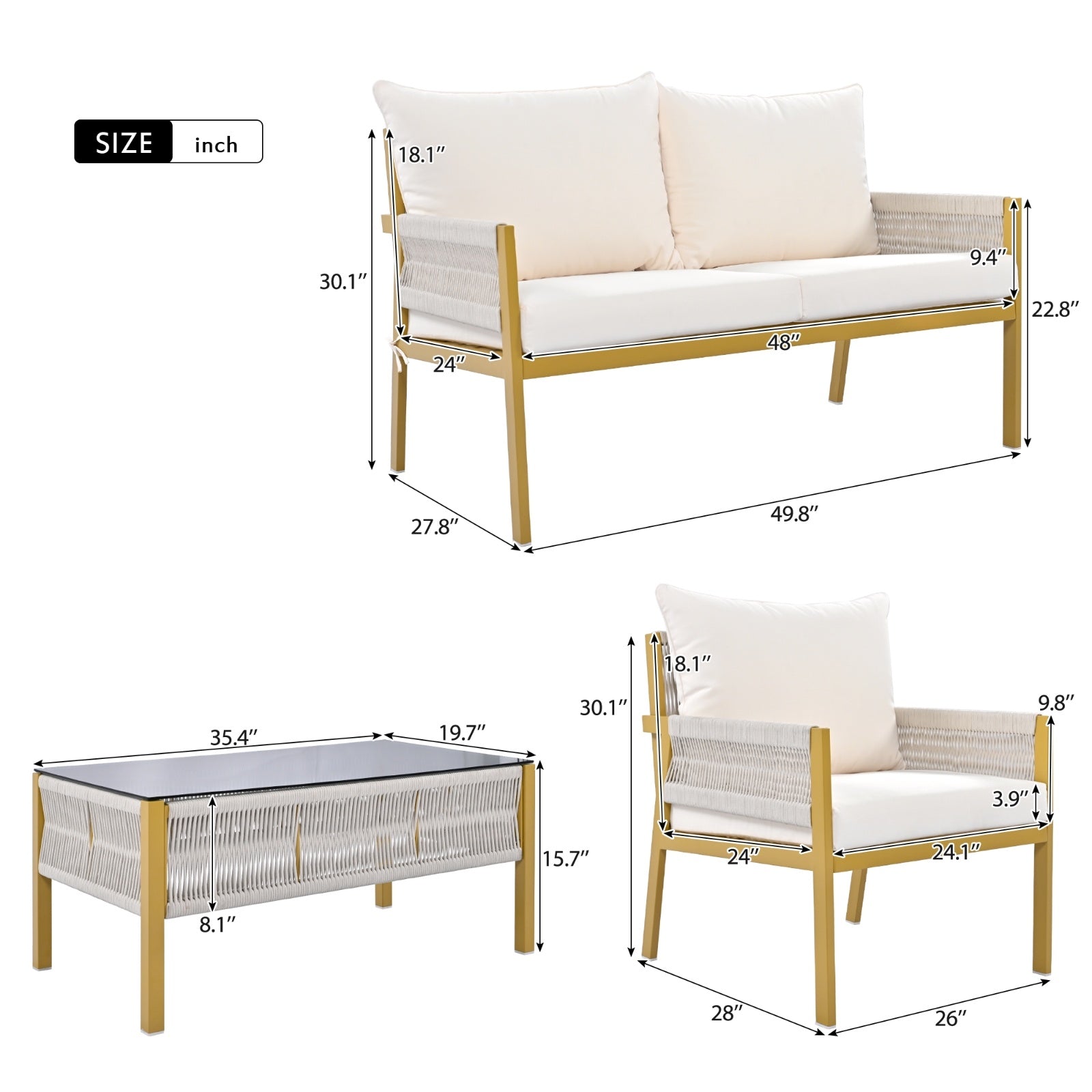 K&K 4-Piece Rope Patio Set - Glass Table & Sofa